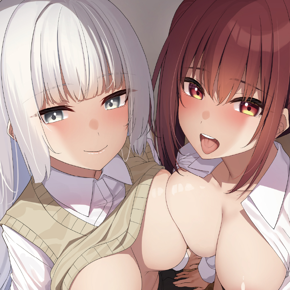 【ダウナー&amp;ギャル】美女でスケベな爆乳JK×2の、オホ声密着ご奉仕搾精♪【KU100】