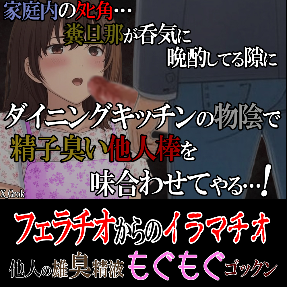 家庭内のタヒ角…。糞旦那が呑気に晩酌してる隙にダイニングキッチンの物陰で精子臭い他人棒を味合わせてやる