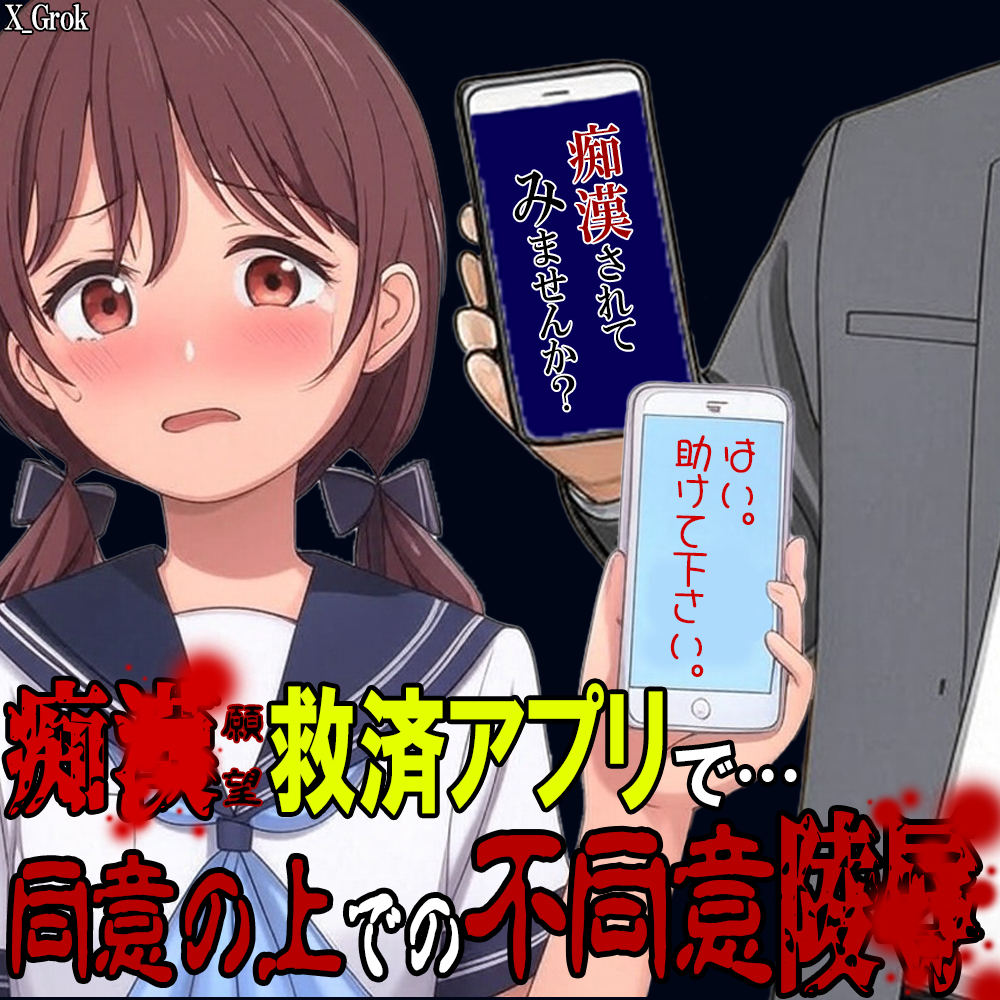  痴●(願望)救済アプリで同意の上での不同意凌● ～助けてくれたお兄さんに手マン失禁処〇喪失中〇しレ〇プされました～