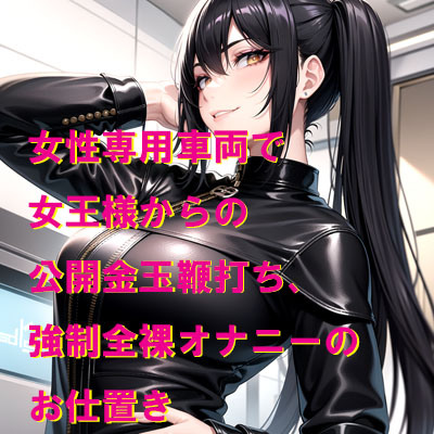 女性専用車両で女王様からの公開金玉鞭打ち、強制全裸オナニーのお仕置き