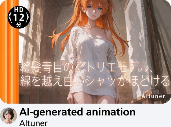 【10分HD】 橙髪青目のアトリエモデル、線を越え白いシャツがほどける