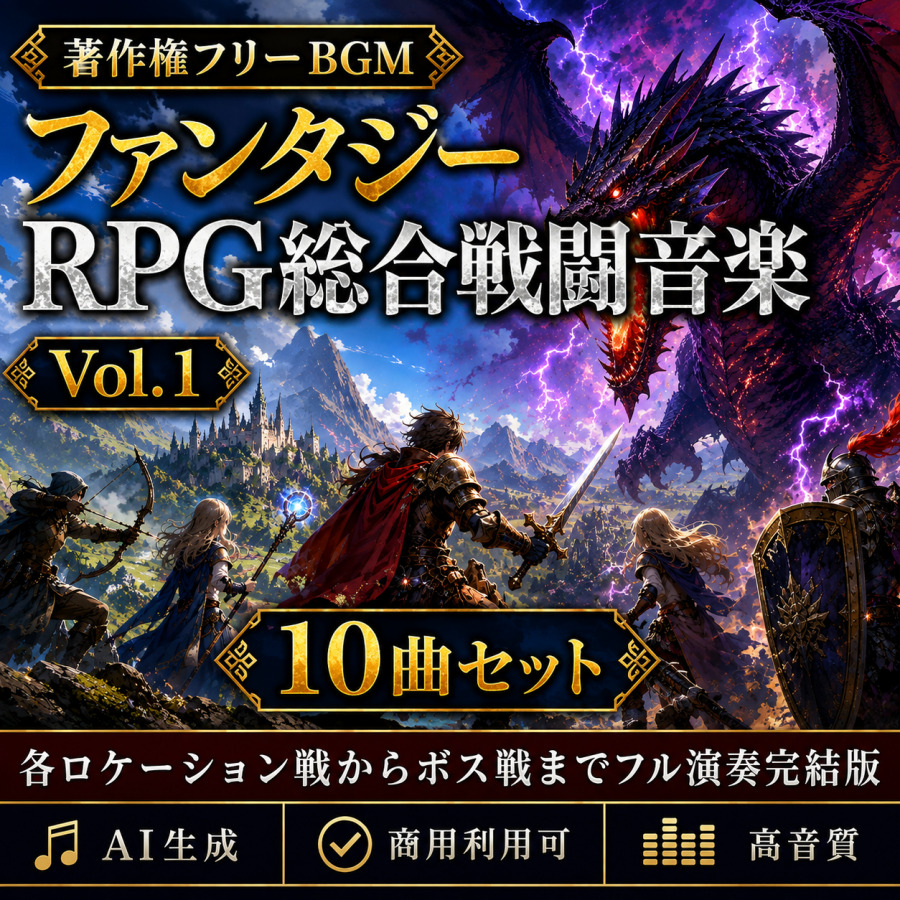 【著作権フリーBGM】ファンタジーRPG総合戦闘音楽 高音質10曲セット -各ロケーション戦からボス戦までフル演奏完結版-【AI生成/商用利用可】