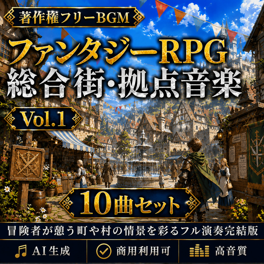 【著作権フリーBGM】ファンタジーRPG総合 街・拠点音楽 Vol.1 10曲セット -冒険者が憩う町や村の情景を彩るフル演奏完結版-【AI生成/商用利用可/高音質】