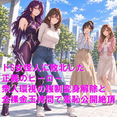 ドS女怪人に敗北した正義のヒーロー 衆人環視の強制変身解除と全裸金玉拷問で羞恥公開絶頂