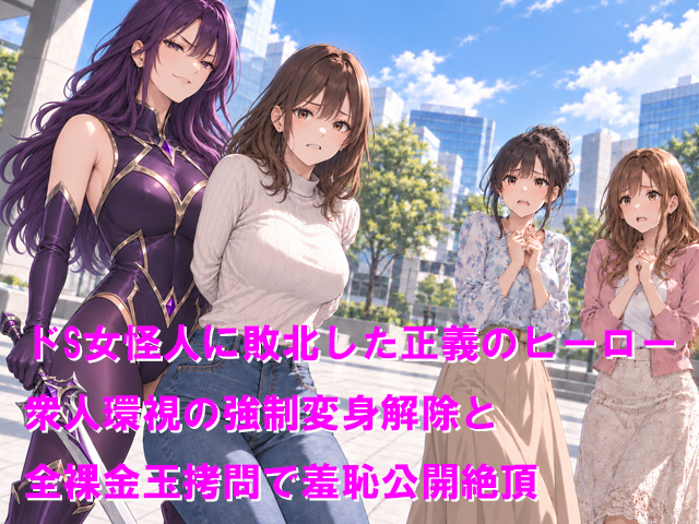 ドS女怪人に敗北した正義のヒーロー 衆人環視の強制変身解除と全裸金玉拷問で羞恥公開絶頂