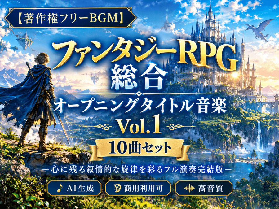 【著作権フリーBGM】ファンタジーRPG総合 オープニングタイトル音楽 Vol.1 10曲セット -心に残る叙情的な旋律を彩るフル演奏完結版-【AI生成/商用利用可/高音質】