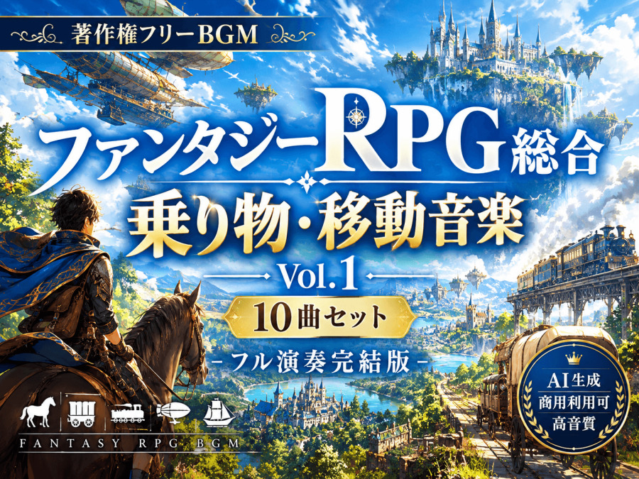 【著作権フリーBGM】ファンタジーRPG総合 乗り物・移動音楽 Vol.1 10曲セット-フル演奏完結版-【AI生成/商用利用可/高音質】